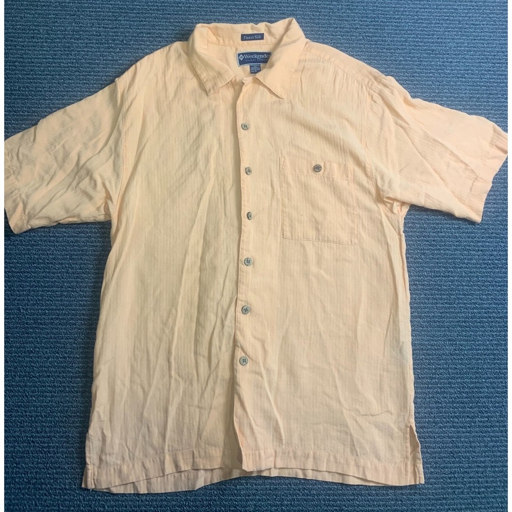 Weekender Mens Size Medium Silk Short Sleeve Button Down Hawaiian Shirt Orange